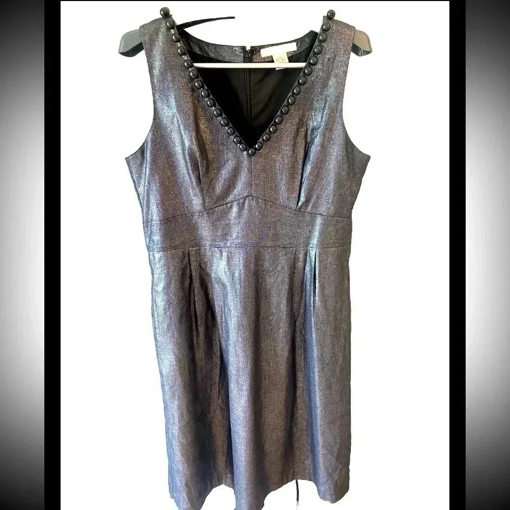 WDNY Dress Sz 12 Black Linen Blend Beaded Metallic Sheath Knee Length Sleeveless